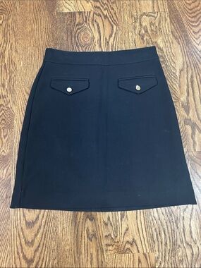 LOFT 0 Black Mini Skirt with Gold Button-Flap Pockets. Fully Lined.   Like New
